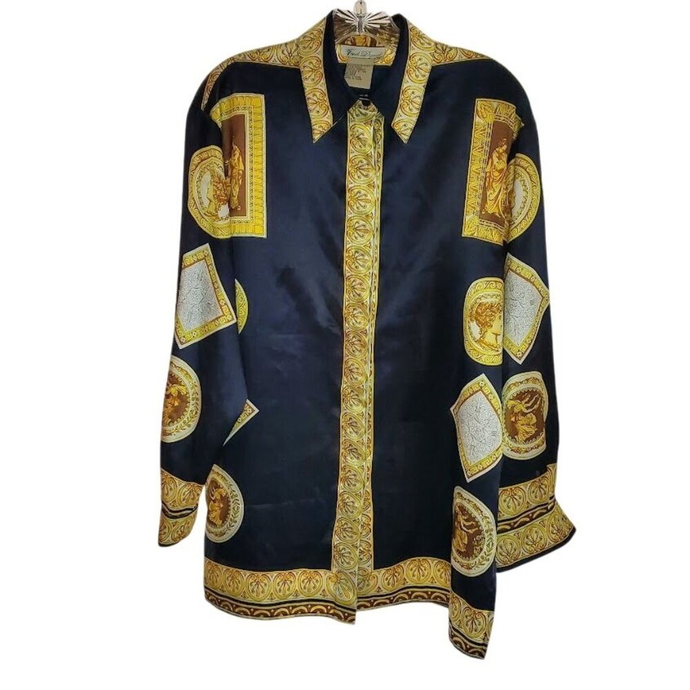 Ted David Baroque Print Blouse Navy Gold Size 10